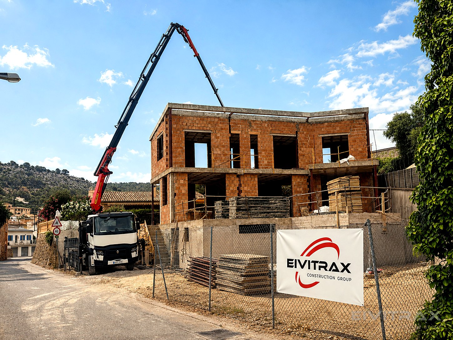 Construcción Eivitrax con grúa y cielo mediterráneo — proyecto real de EIVITRAX